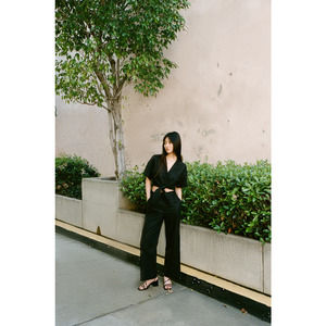 Linen Knotted Shirt Short Sleeve Notched Lapel Collar Cropped Top Black S